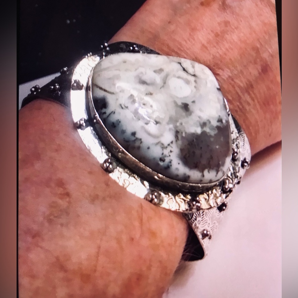Dendritic Opal Stamped Solid 925 Sterling Silver Cuff Bracelet